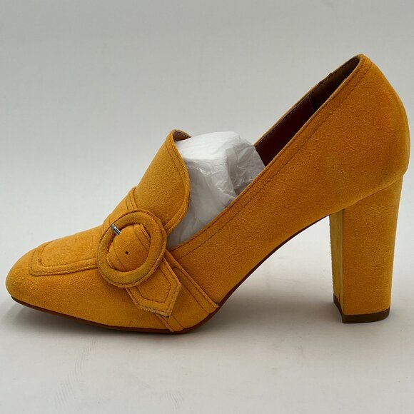 YDN Yellow Chunky High Heels Square Toe Loafer Shoes Slip On Suede Office Pumps - Picture 2 of 6